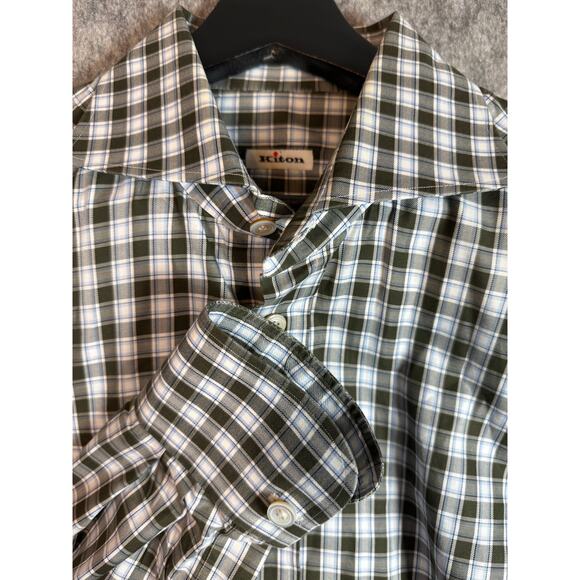 Kiton Mens Blue White Brown Checked Button Up Sz 16/41 Made in Italy - Picture 1 of 8
